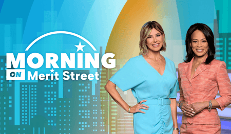 "Morning on Merit Street" logo on the left, blue and yellow cityscape background, with two female news anchors on the right