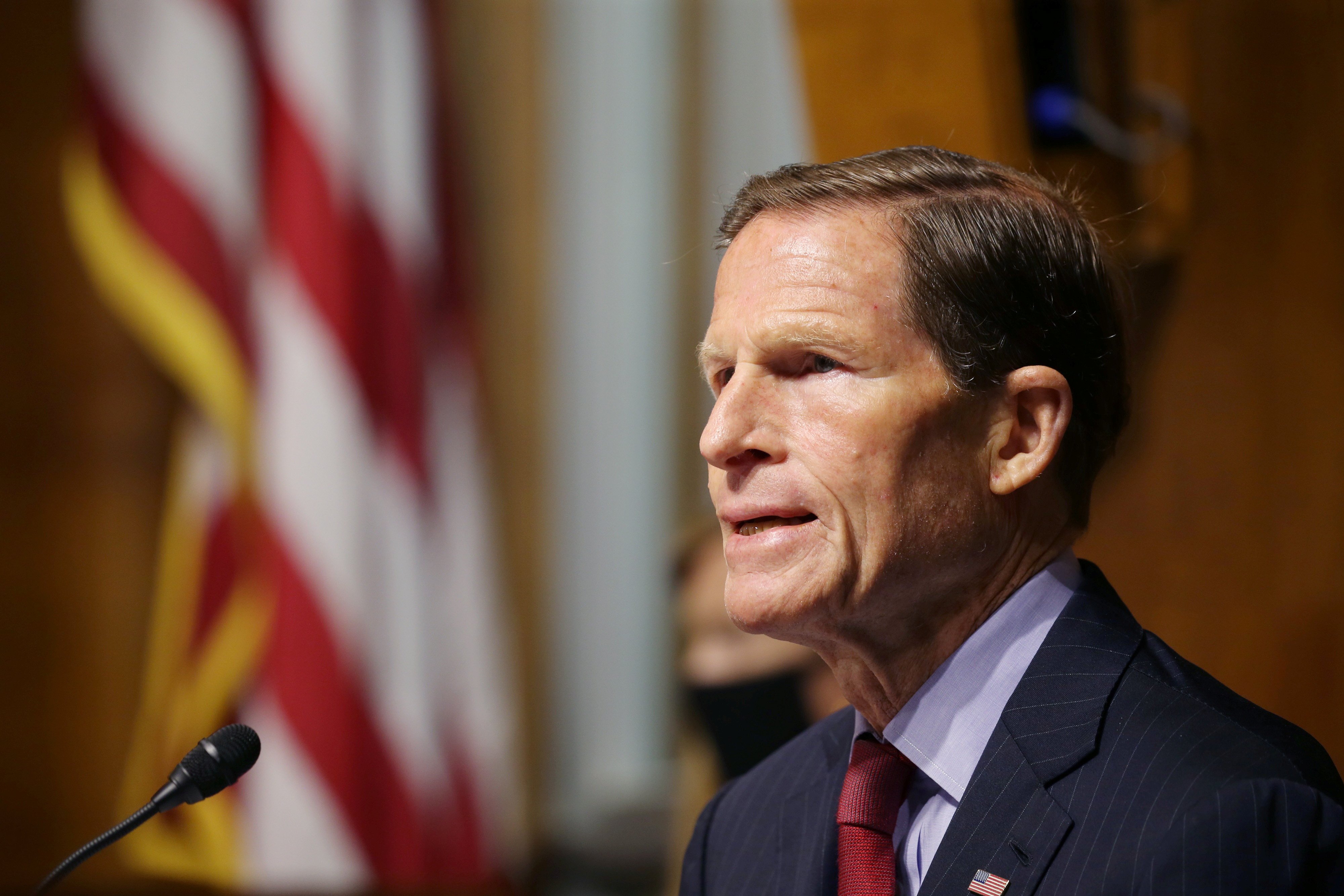 Sen. Richard Blumenthal, D-CT, asks questions during a hearing of the Senate Judiciary Subcommittee on Privacy, Technology, and the Law, at the U.S. Capitol in Washington DC, U.S., April 27, 2021.