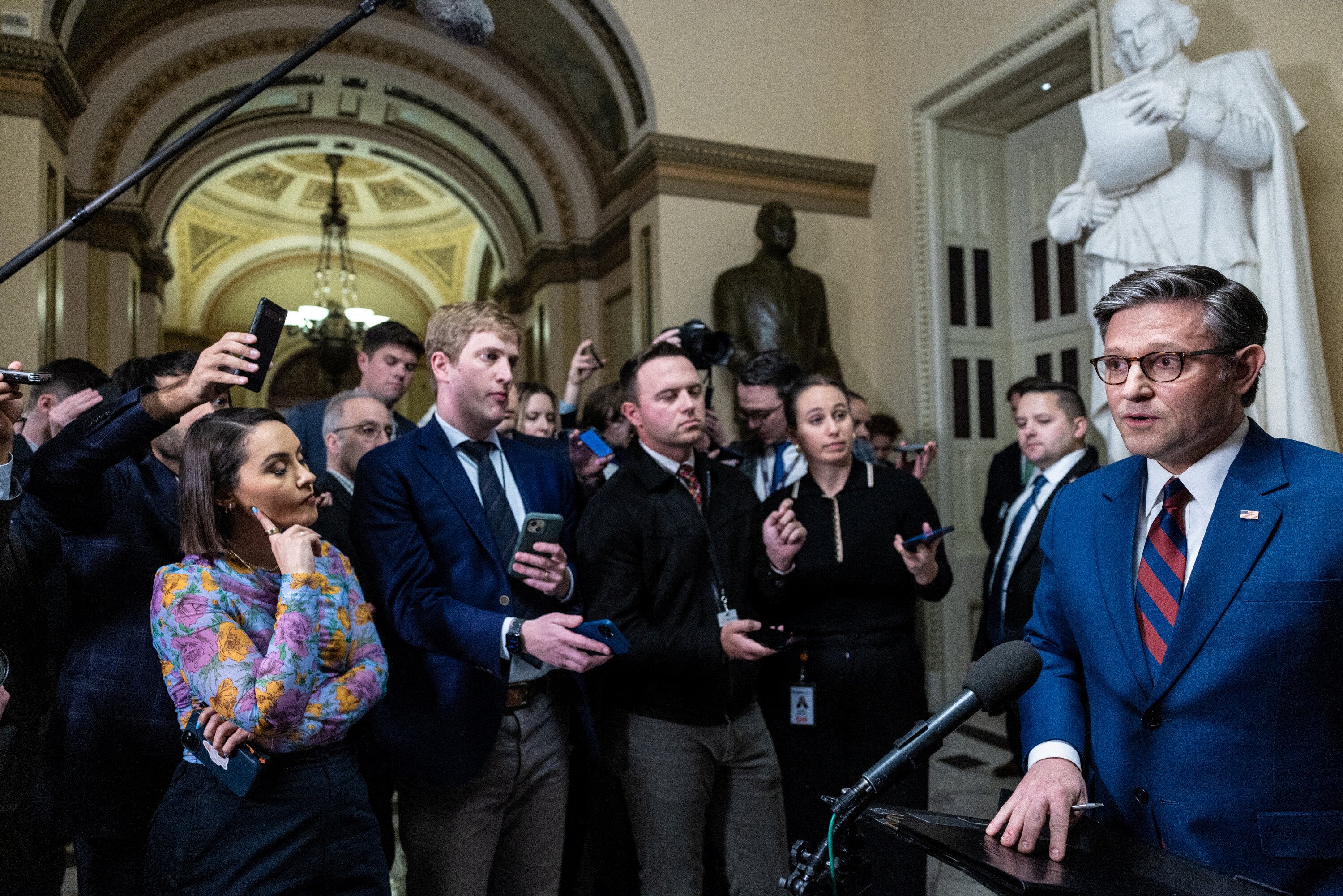 Speaker Mike Johnson (R-LA) speaks to reporters ahead of a vote to pass the American Relief Act on Capitol Hill in Washington, U.S., Dec. 19, 2024. REUTERS/Anna Rose Layden