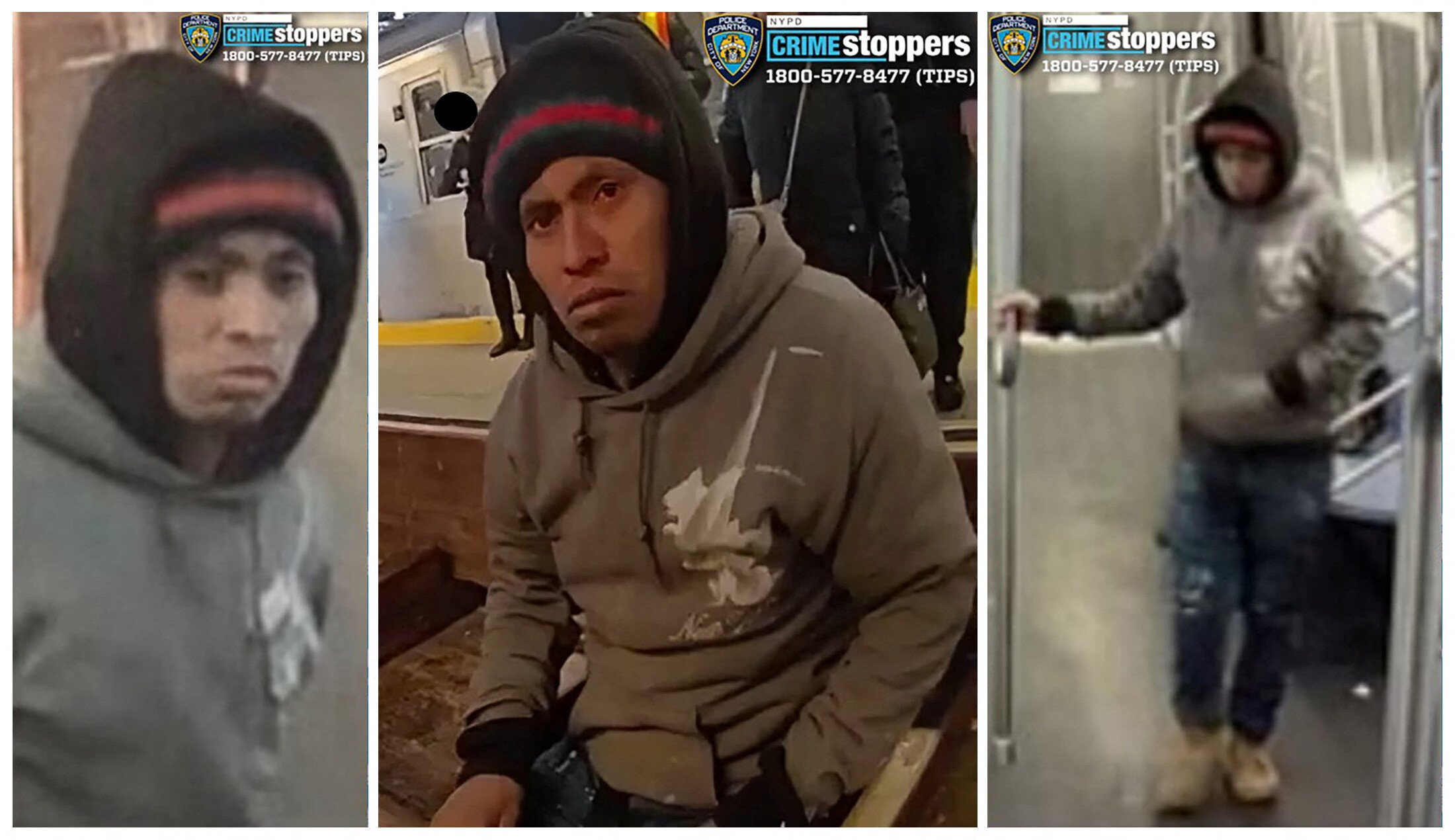 A man wanted for questioning by the New York Police Department (NYPD), in connection with the death of a woman who was set on fire while she was sleeping on a stationary subway train, is seen in a combination of still images from surveillance video in New York City, U.S. December 22, 2024. NYPD/Handout via REUTERS. 