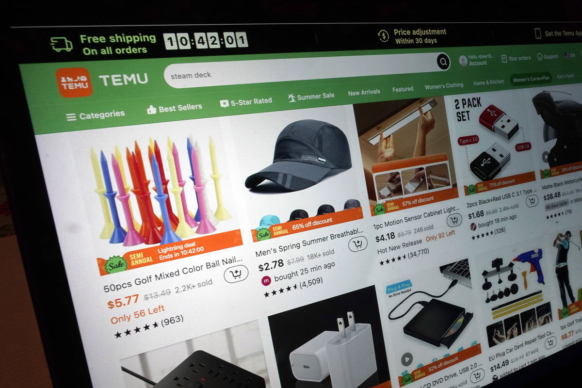 A page from the Temu website is seen, June 23, 2023, in New York. Temu, the China-founded online retailer surging in popularity in the United States, is opening its platform to U.S. and European sellers, a Temu spokesperson confirmed Thursday, Jan. 25, 2024. (AP Photo/Richard Drew, File)