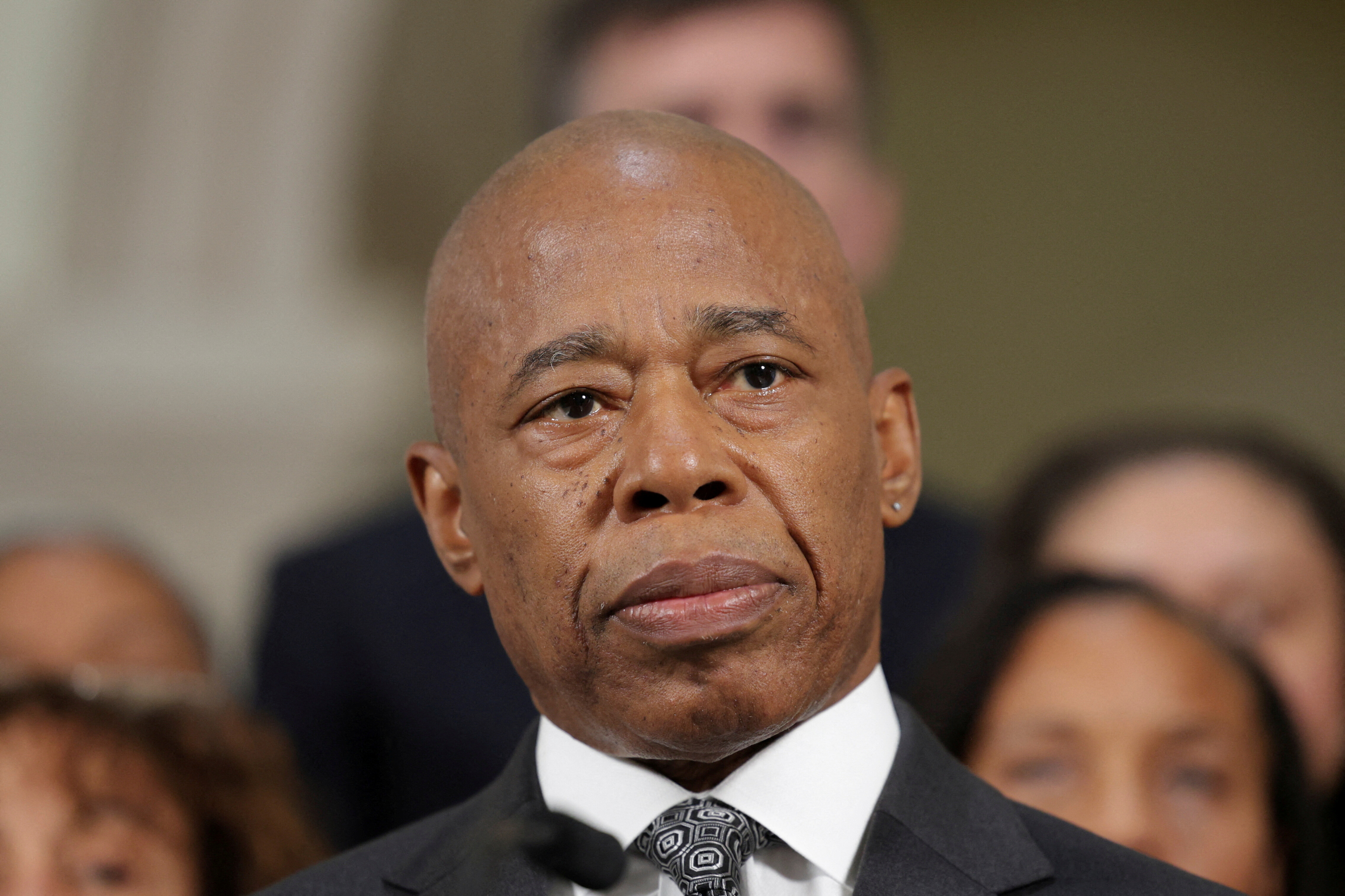 New York City Mayor Eric Adams listens to a reporter during an event to release the 2024 Mayor's Management Report and to update New Yorkers on City government operations at City Hall in Manhattan in New York City, U.S., September 16, 2024. REUTERS/Kent J Edwards/File Photo