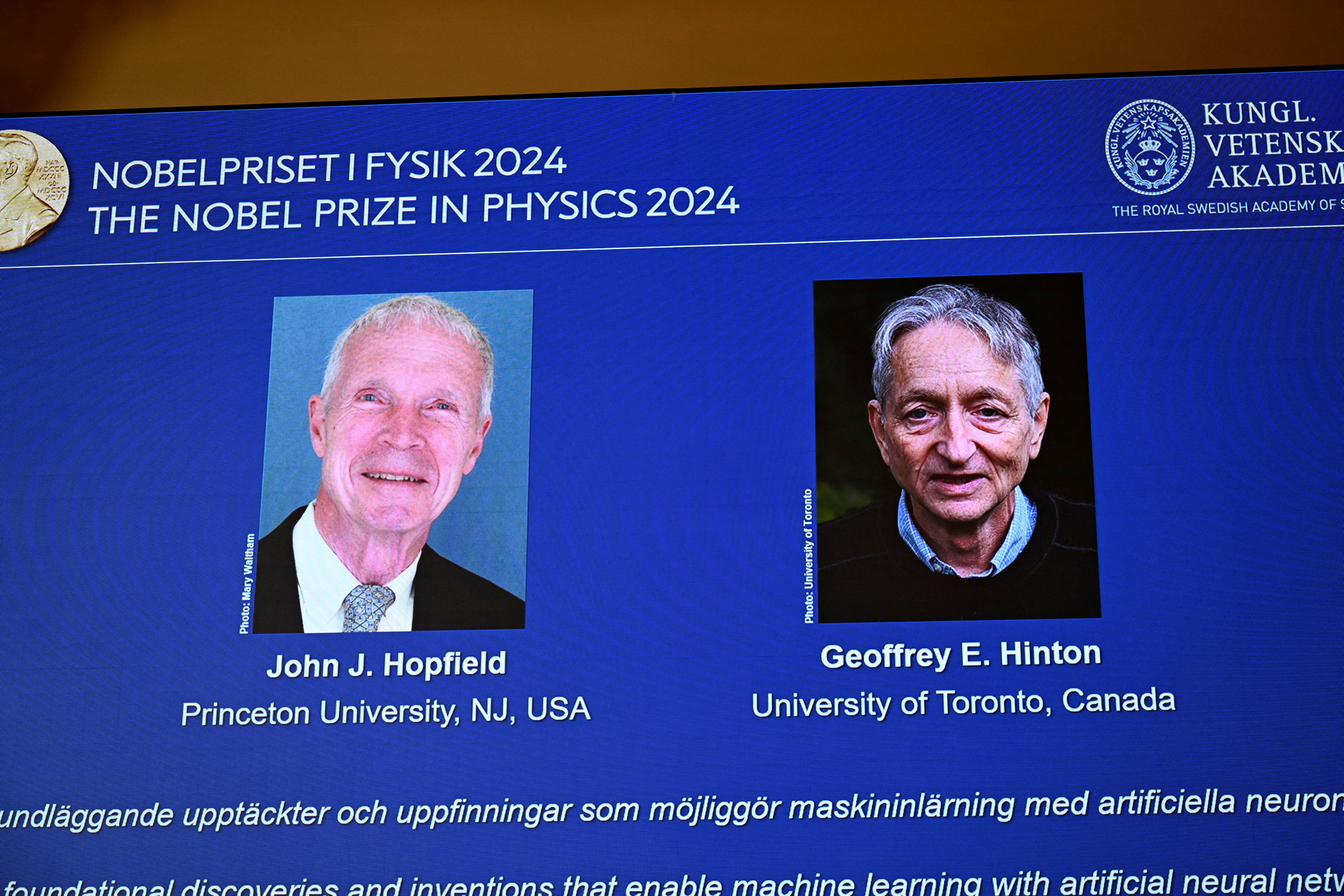 John J Hopfield and Geoffrey E Hinton are awarded this year's Nobel Prize in Physics, announced at a press conference at the Royal Swedish Academy of Sciences in Stockholm, Sweden October 8, 2024. TT News Agency/Christine Olsson via REUTERS