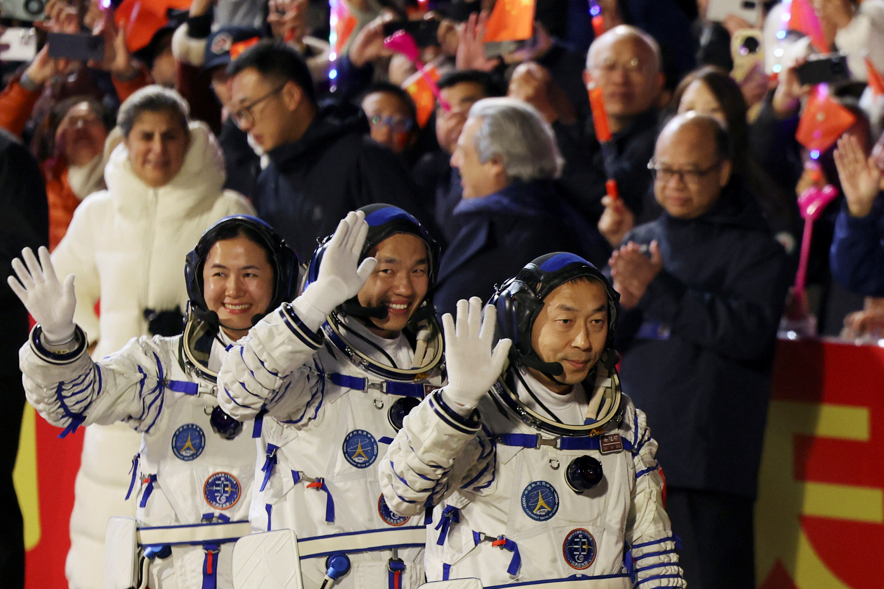 Astronauts Cai Xuzhe, Song Lingdong and Wang Haoze attend a see-off ceremony before taking part in the Shenzhou-19 spaceflight mission to China's Tiangong space station, at Jiuquan Satellite Launch Center, near Jiuquan, Gansu province, China October 30, 2024. REUTERS/Florence Lo