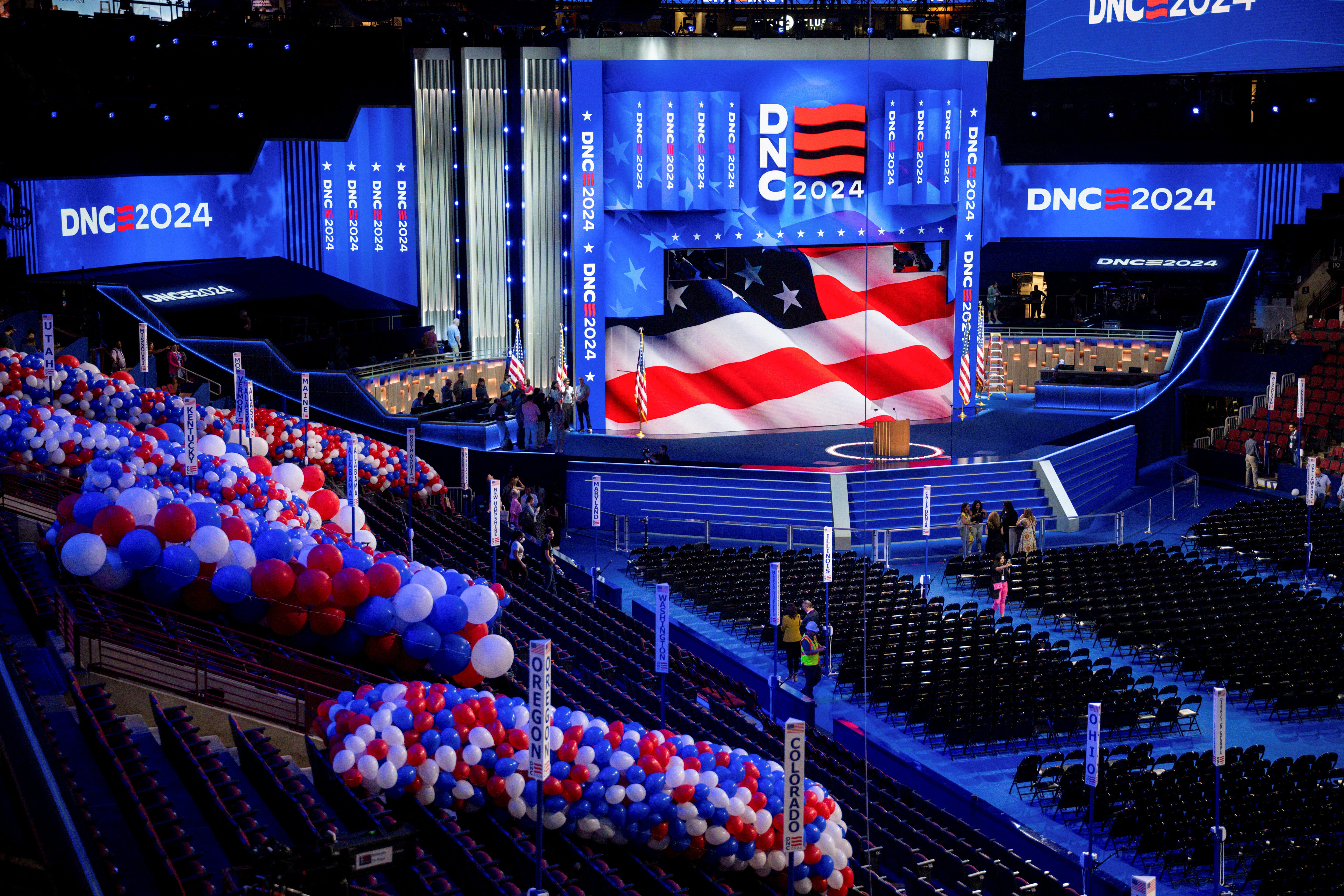 The interior of the United Center, the host venue of the Democratic National Convention (DNC), in Chicago, Illinois, U.S. August 16, 2024. REUTERS/Vincent Alban