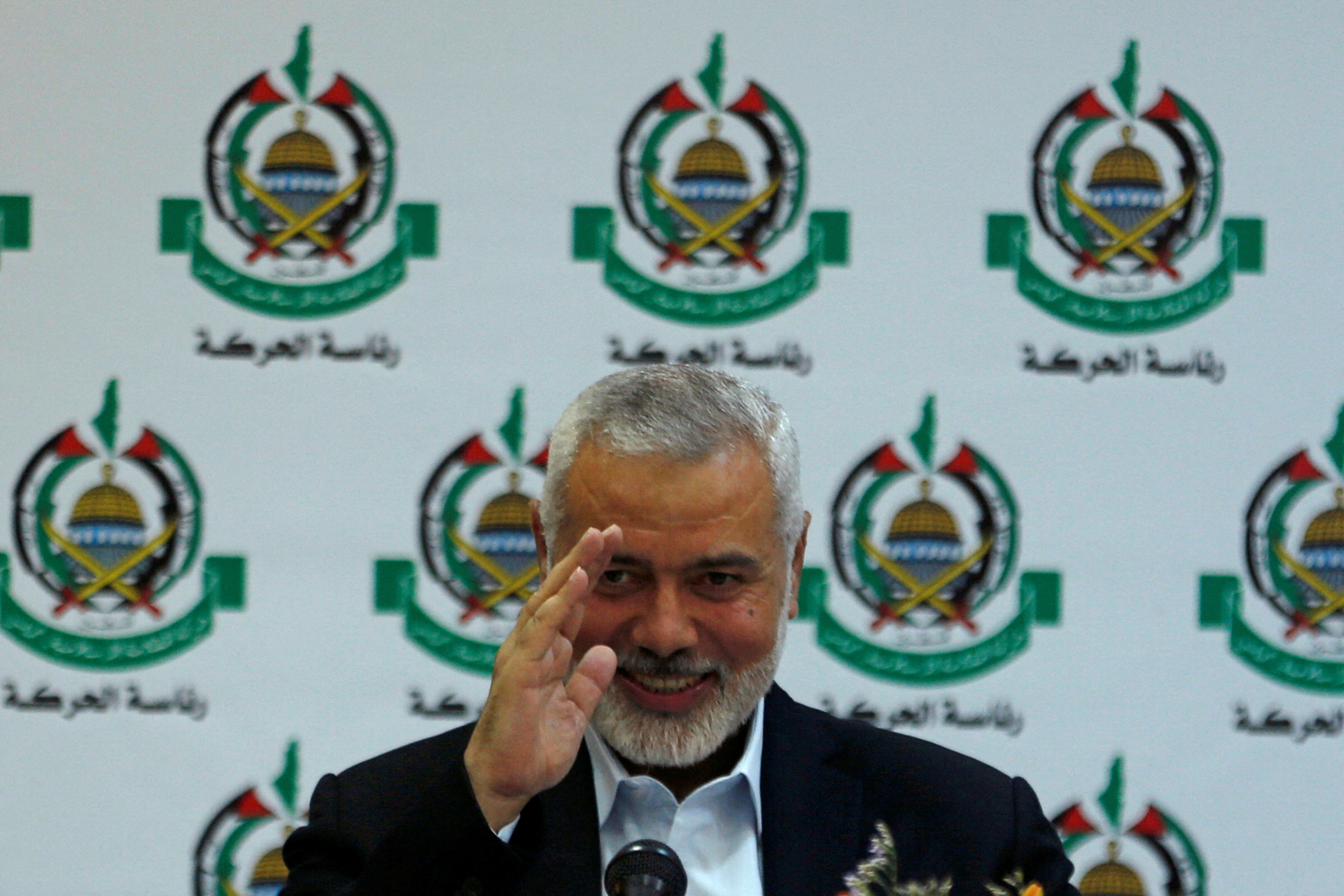 Hamas Chief Ismail Haniyeh gestures during a meeting with members of international media at his office in Gaza City June 20, 2019. REUTERS/Mohammed Salem