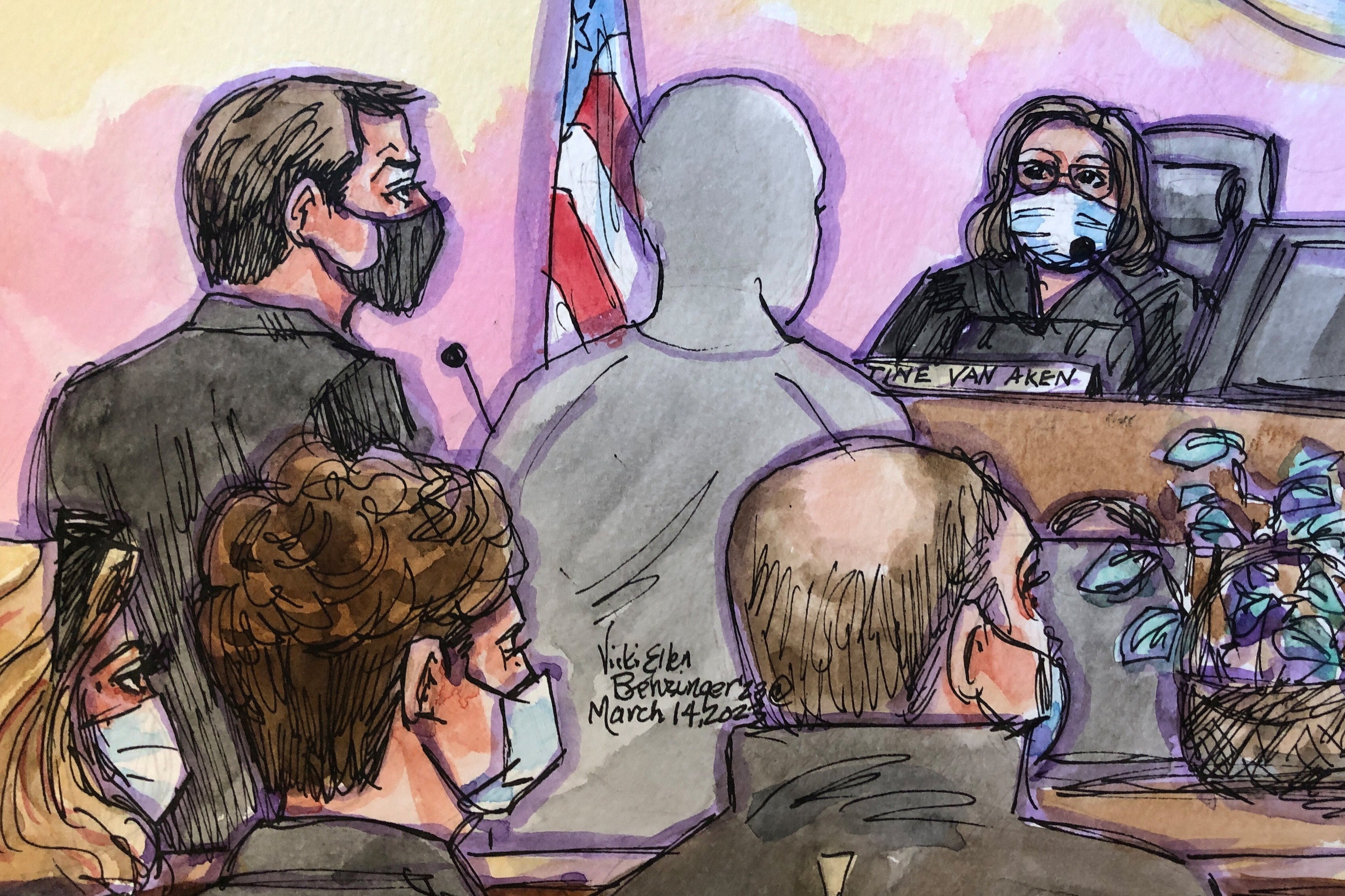 Nima Momeni, the 38-year-old founder of software company Expand IT, appears before Judge Christine Van Aken, accused of the stabbing murder of Cash App founder Bob Lee in a courtroom sketch in San Francisco, California, U.S. April 14, 2023.  REUTERS