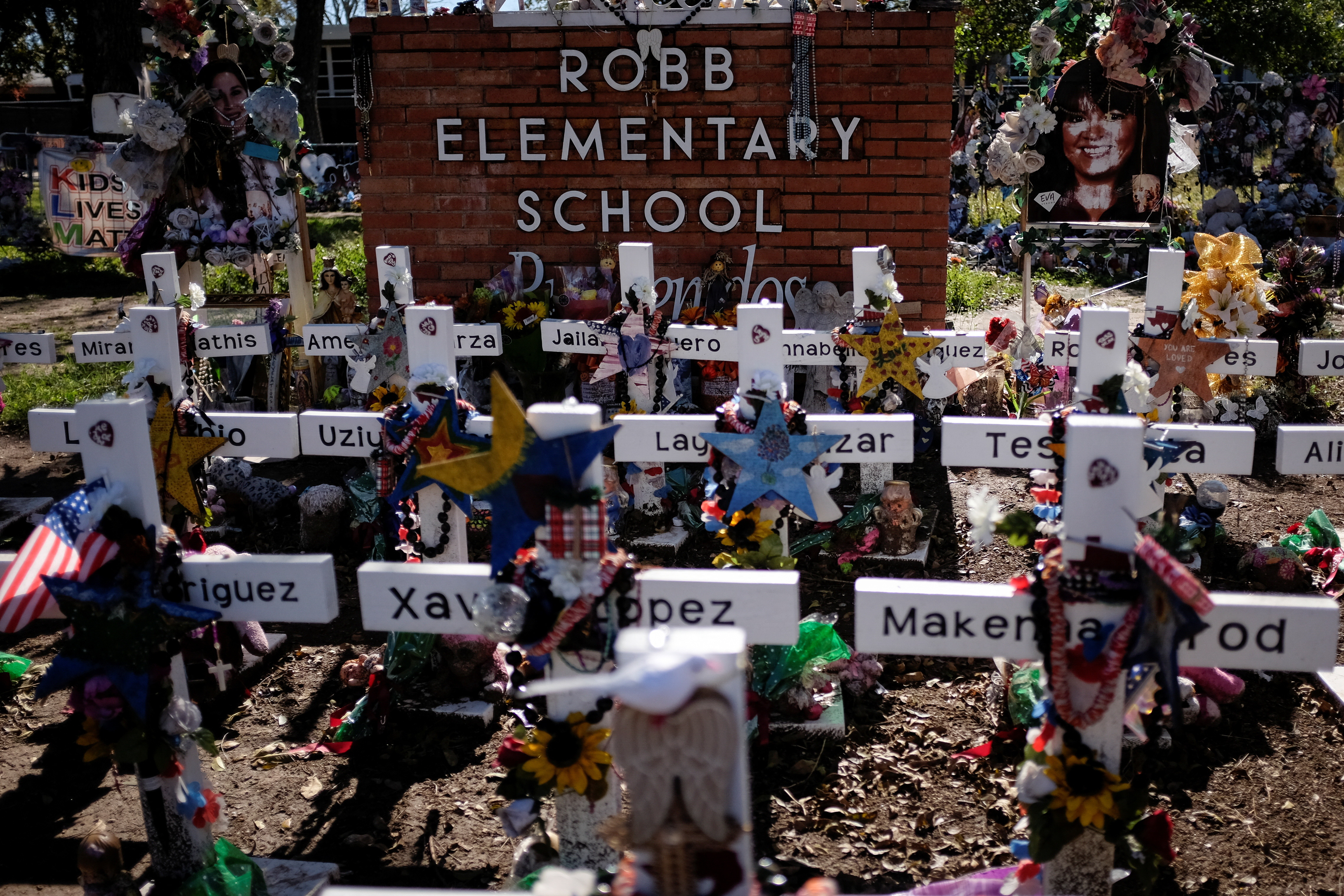 A general view of the memorial outside Robb Elementary, where a gunman killed 19 children and two teachers in the U.S. school shooting, in Uvalde, Texas, U.S. November 27, 2022. REUTERS/Marco Bell