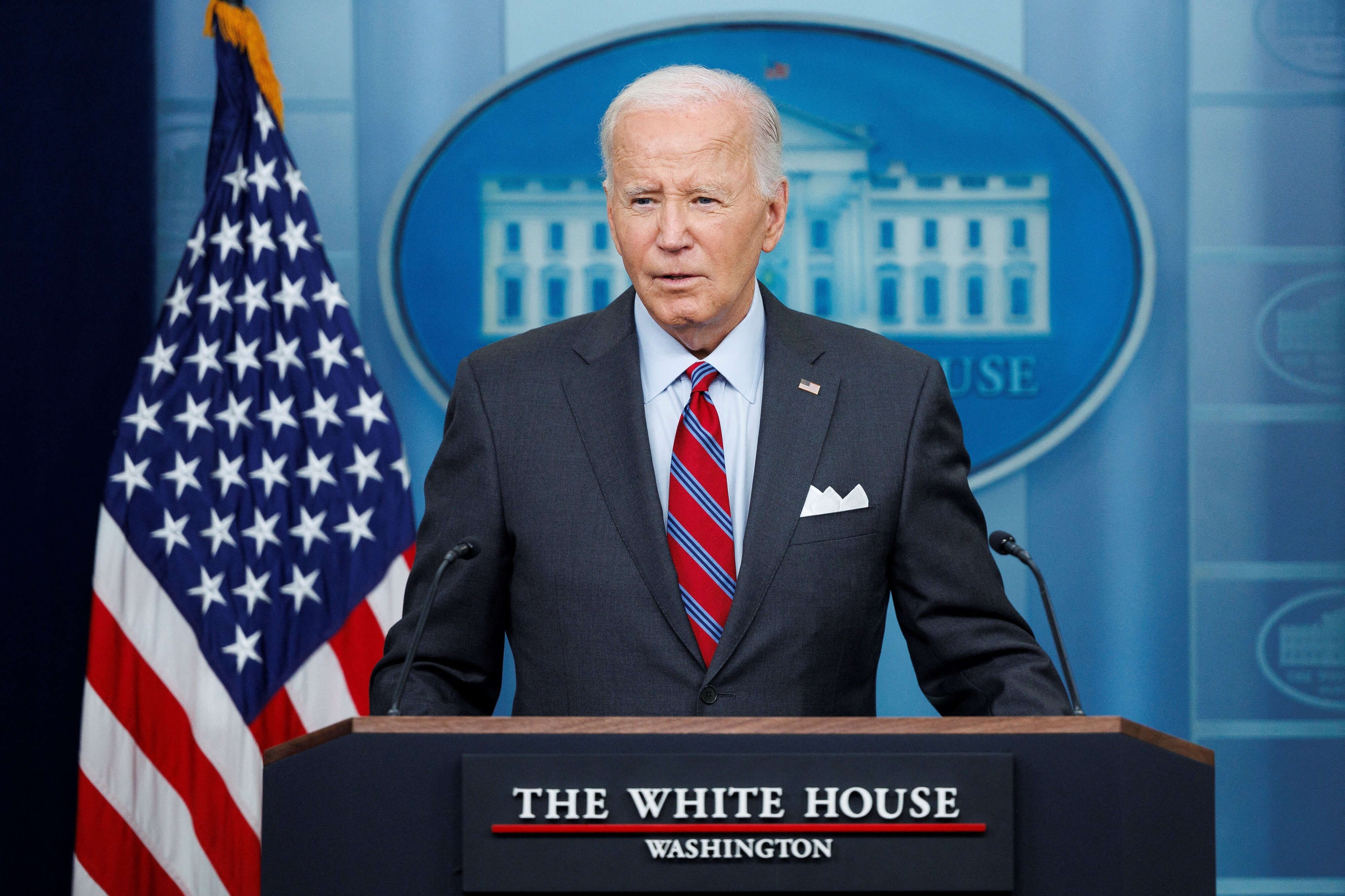 U.S. President Joe Biden speaks during a daily press briefing with Press Secretary Karine Jean-Pierre at The White House in Washington, U.S., October 4, 2024. REUTERS/Tom Brenner