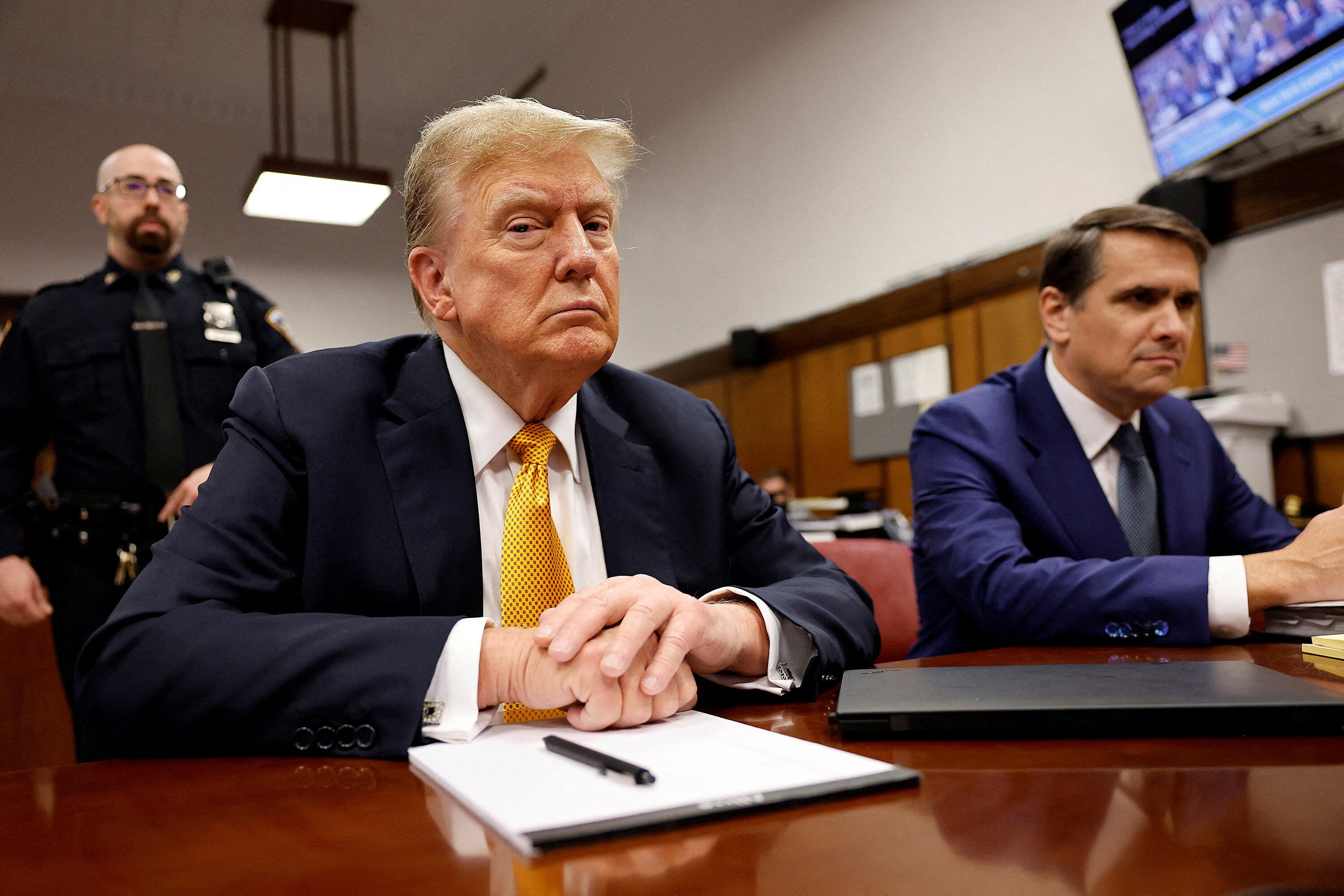 Former U.S. President Donald Trump sits in the courtroom at Manhattan Criminal Court with attorney Todd Blanche on May 21, 2024 in New York City. Michael M. Santiago/Pool via REUTERS/File Photo