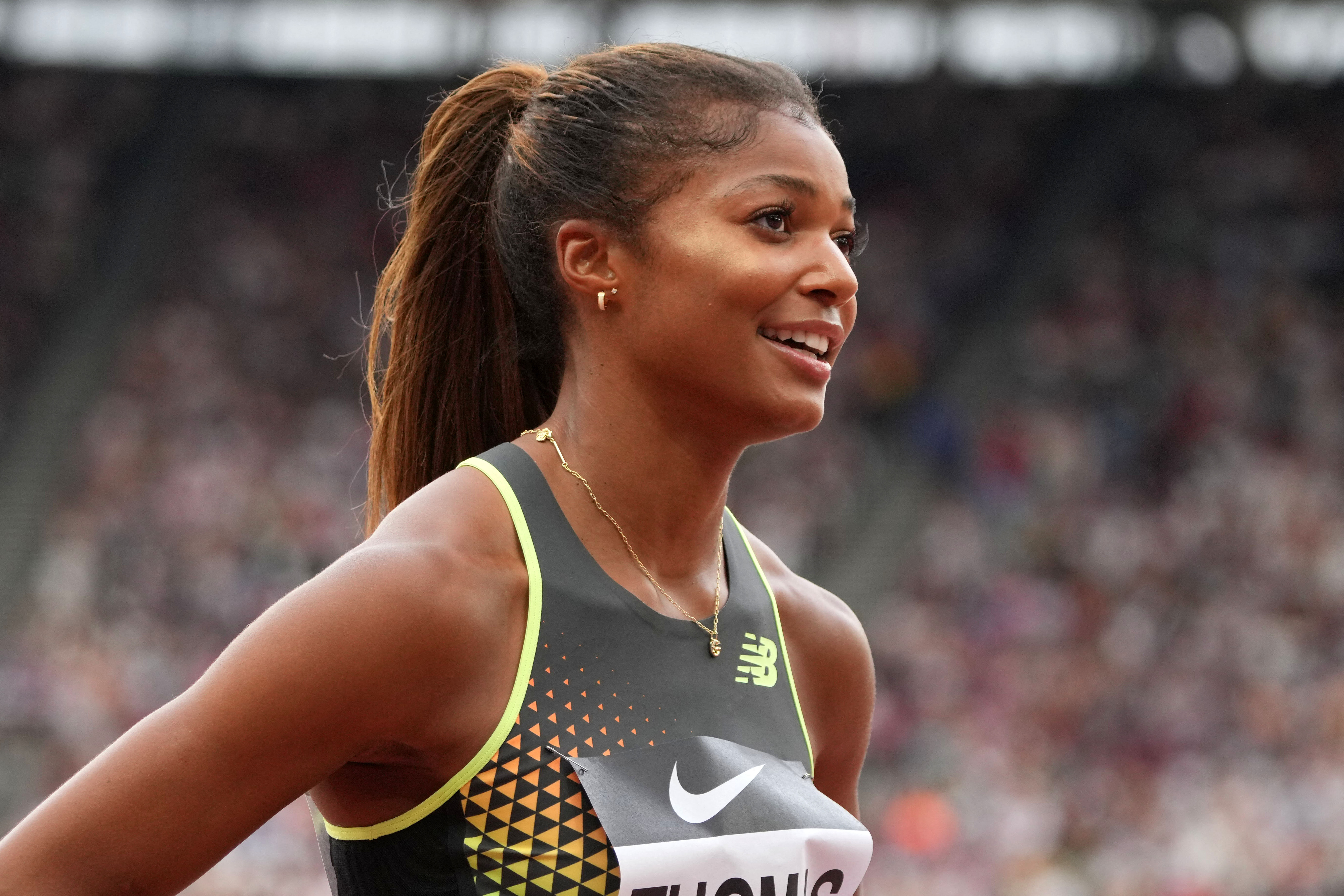 London, United Kingdom; Gabrielle Thomas aka Gabby Thomas (USA) reacts after winning the women's 200m in a meet record 21.82 during the London Athletics Meet at London Stadium. Credit: Kirby Lee-USA TODAY Sports