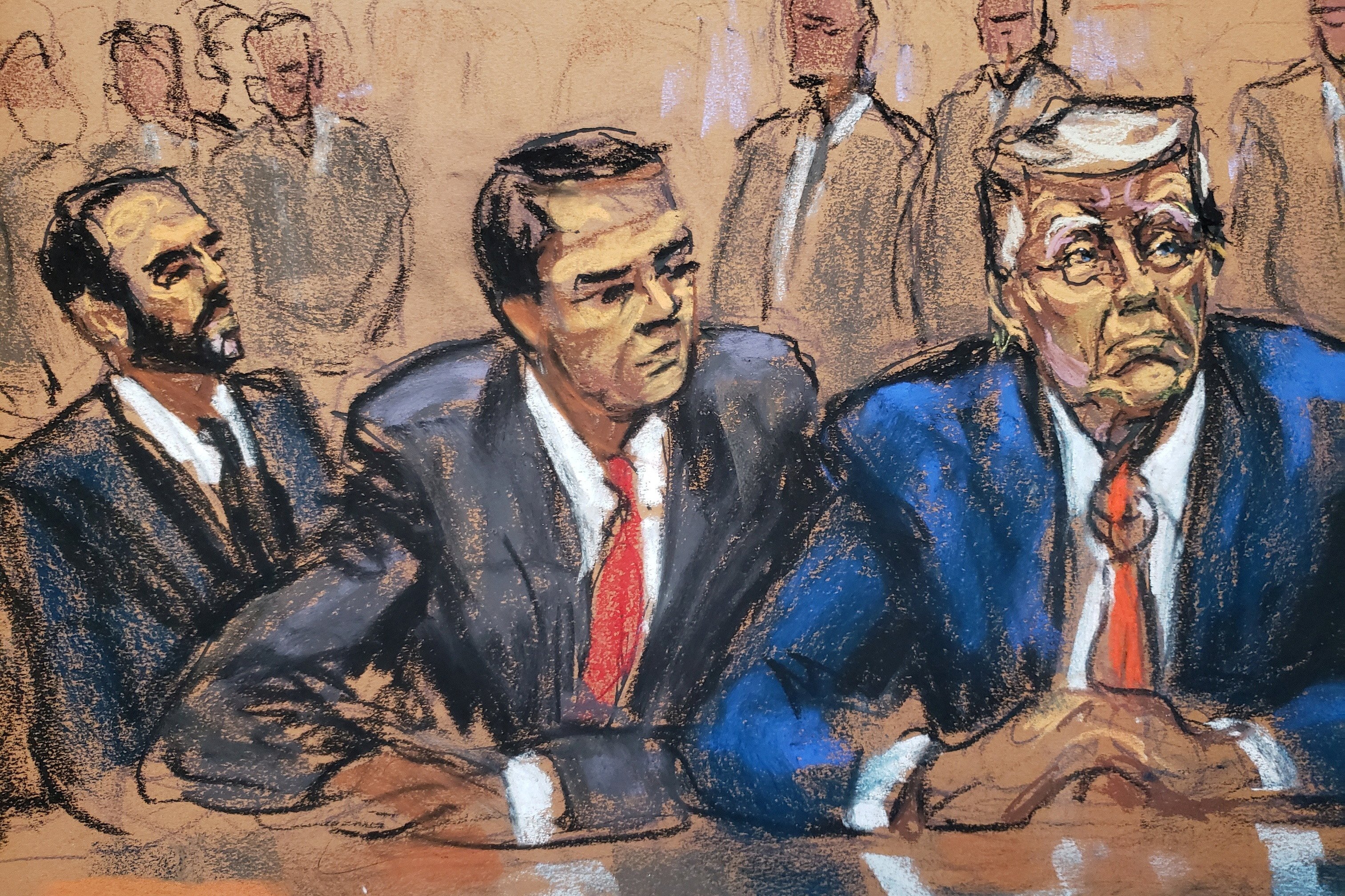 Former U.S. President Donald Trump sits next to his attorney Todd Blanche as he faces charges before Magistrate Judge Moxila A. Upadhyaya that he orchestrated a plot to try to overturn his 2020 election loss, at federal court in Washington, U.S. August 3, 2023 in a courtroom sketch. At far left is U.S. Special Counsel Jack Smith. REUTERS/Jane Rosenberg