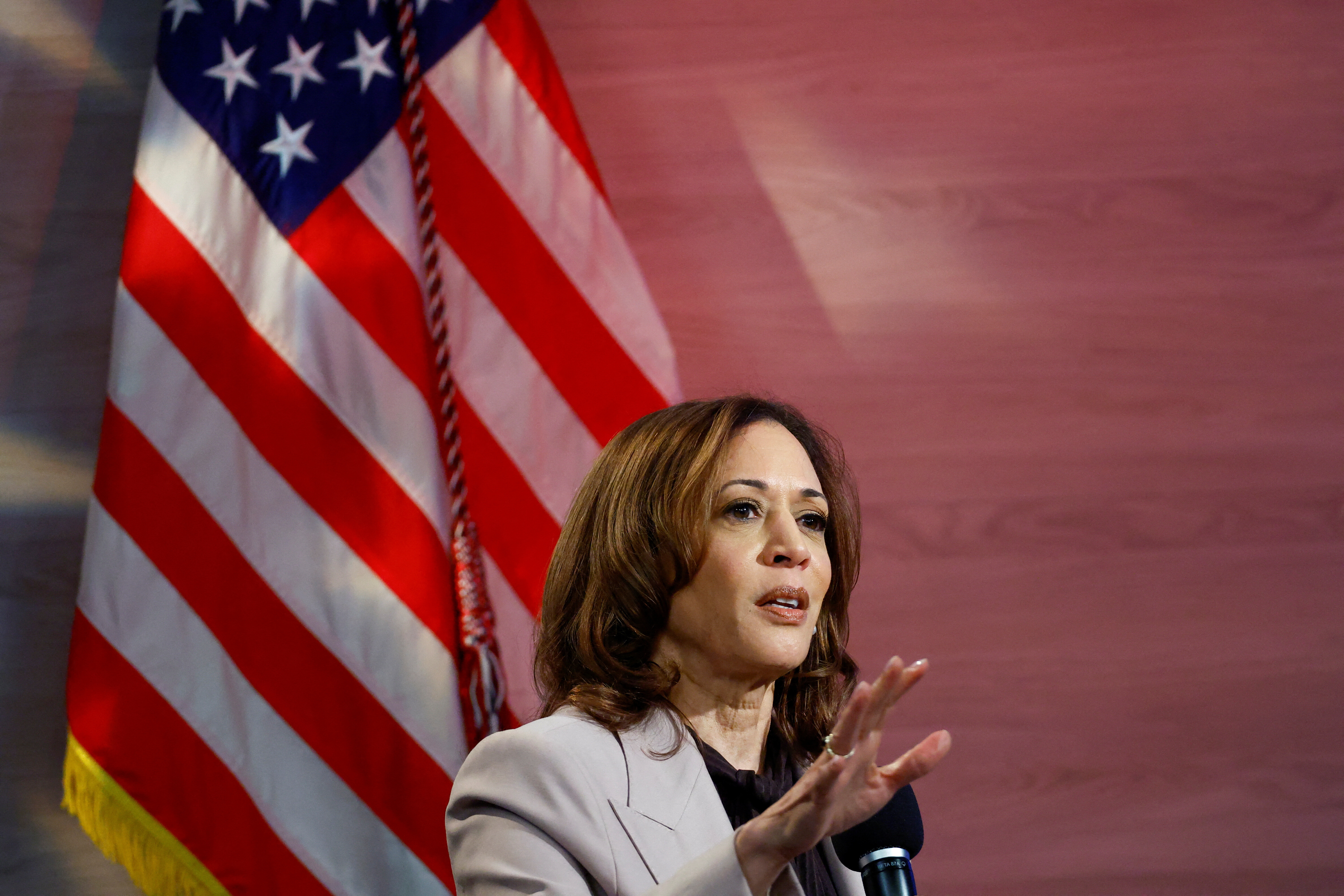 Democratic presidential nominee and U.S. Vice President Kamala Harris addresses members of the National Association of Black Journalists (NABJ) in Philadelphia, Pennsylvania, U.S., September 17, 2024. REUTERS/Piroschka van de Wouw