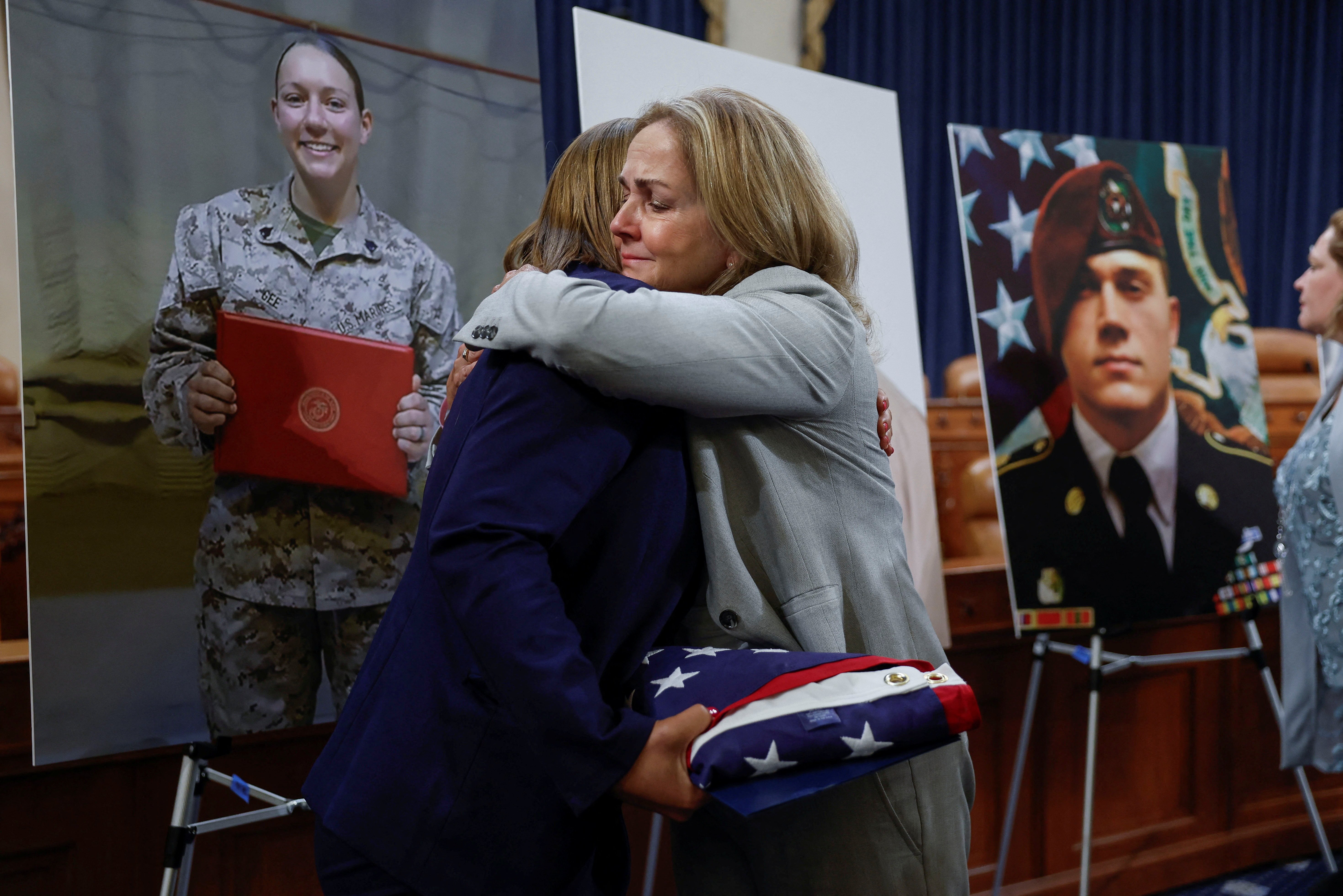 U.S. Representative Madeleine Dean (D-PA) hugs Christy Shamblin, mother-in-law of Marine Corps Sergeant Nicole L. Gee who was killed in Afghanistan following “A Gold Star Families Roundtable: Examining the Abbey Gate Terrorist Attack