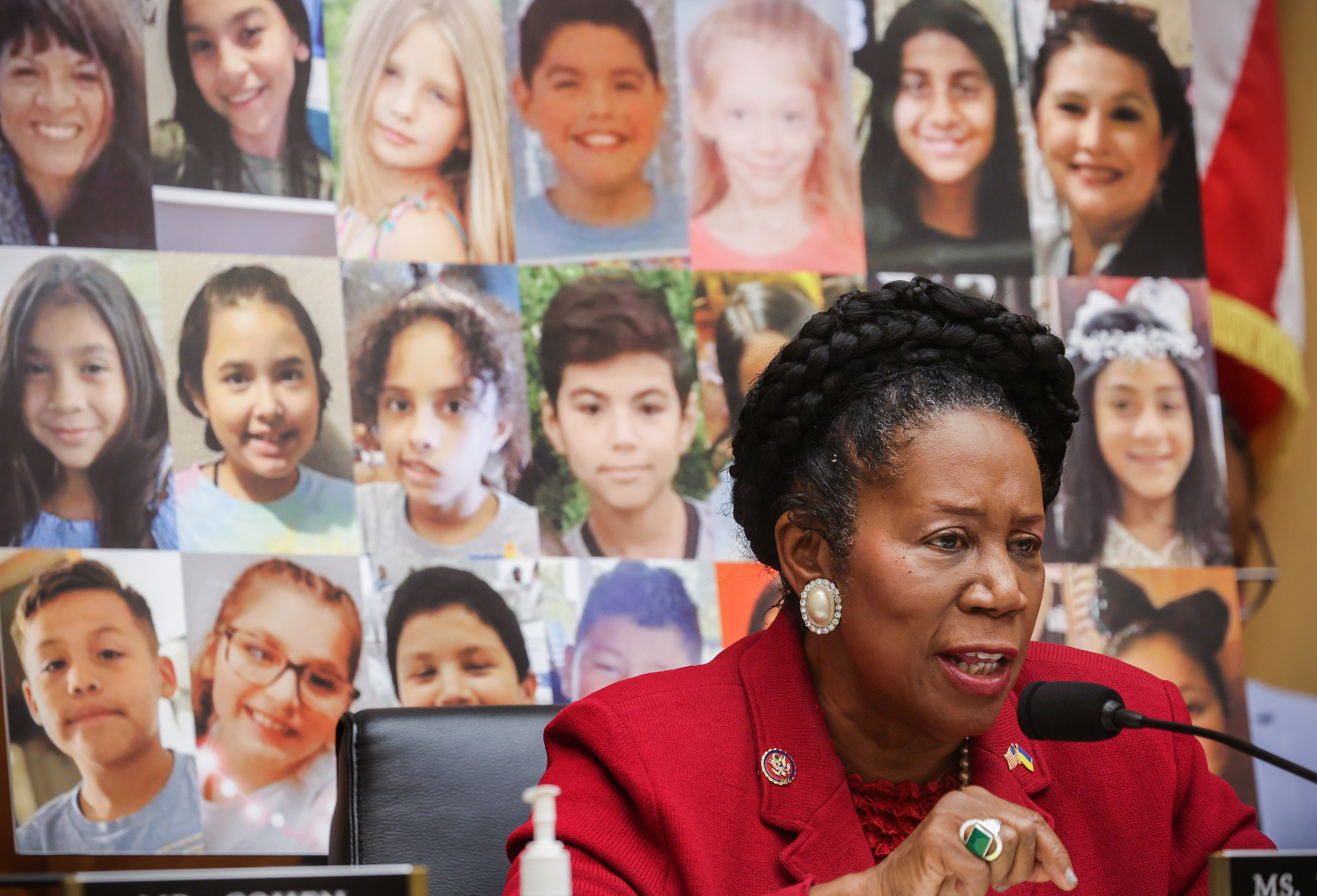 U.S. Representative Sheila Jackson Lee (D-TX) speaks in front of images of those killed in the Uvalde mass shooting, during a House Judiciary Committee hearing to markup the 