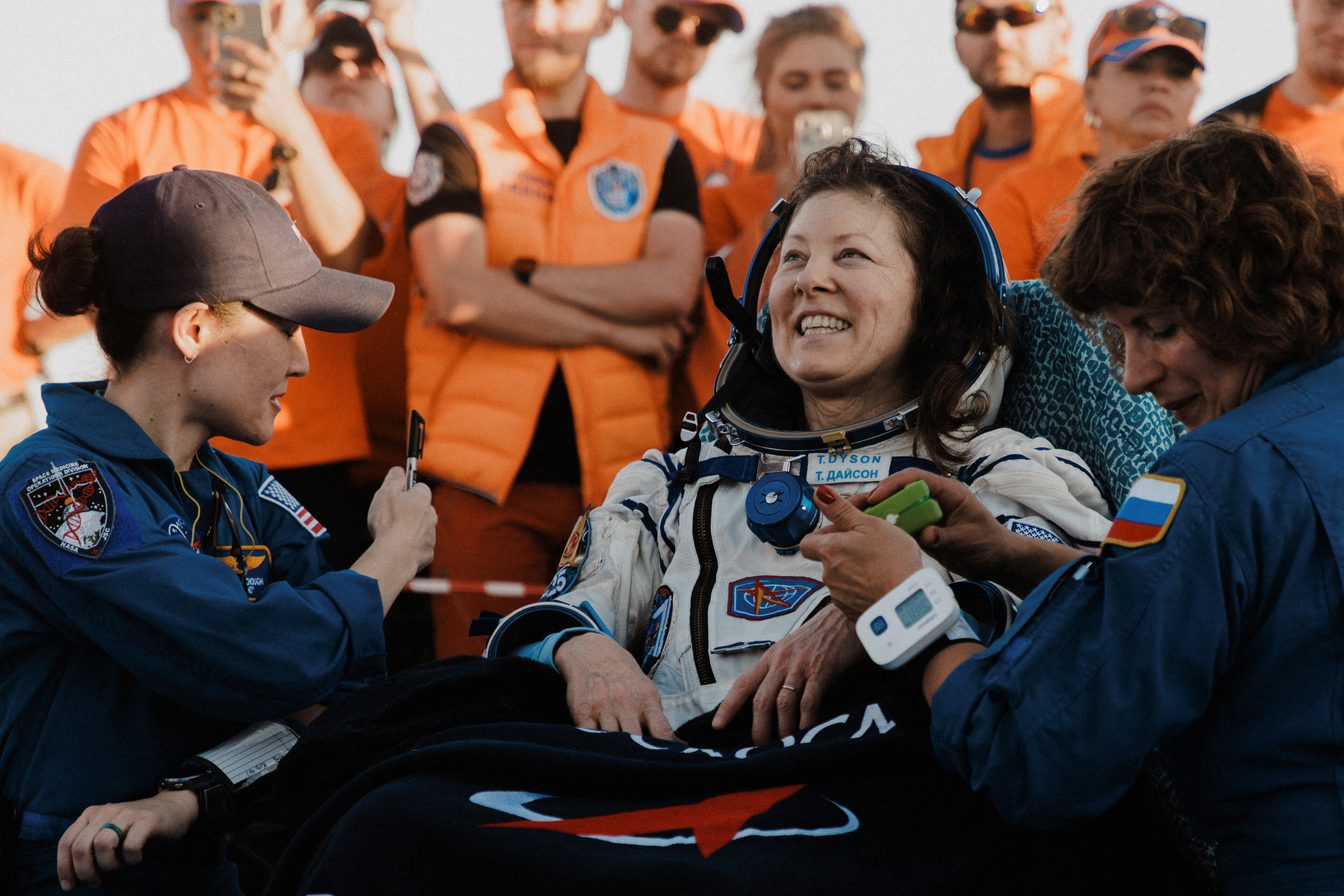 Crew member of the International Space Station (ISS), NASA astronaut Tracy Dyson smiles after landing in the Soyuz MS-25 space capsule in a remote area near Zhezkazgan, Kazakhstan September 23, 2024. Roscosmos/Handout via REUTERS