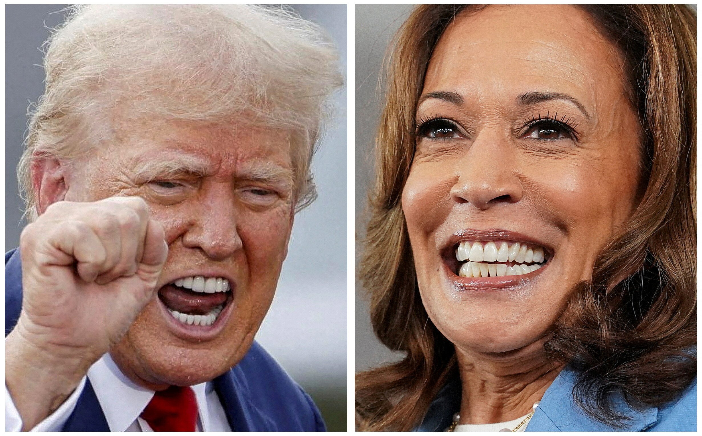  Republican presidential nominee and former U.S. President Donald Trump in Asheboro, North Carolina August 21 and U.S. Vice President and Democratic presidential candidate Kamala Harris in Raleigh, North Carolina, U.S., August 16, 2024 are seen in a combination of file photographs. REUTERS/Jonathan Drake, Kevin Lamarque/File Photo