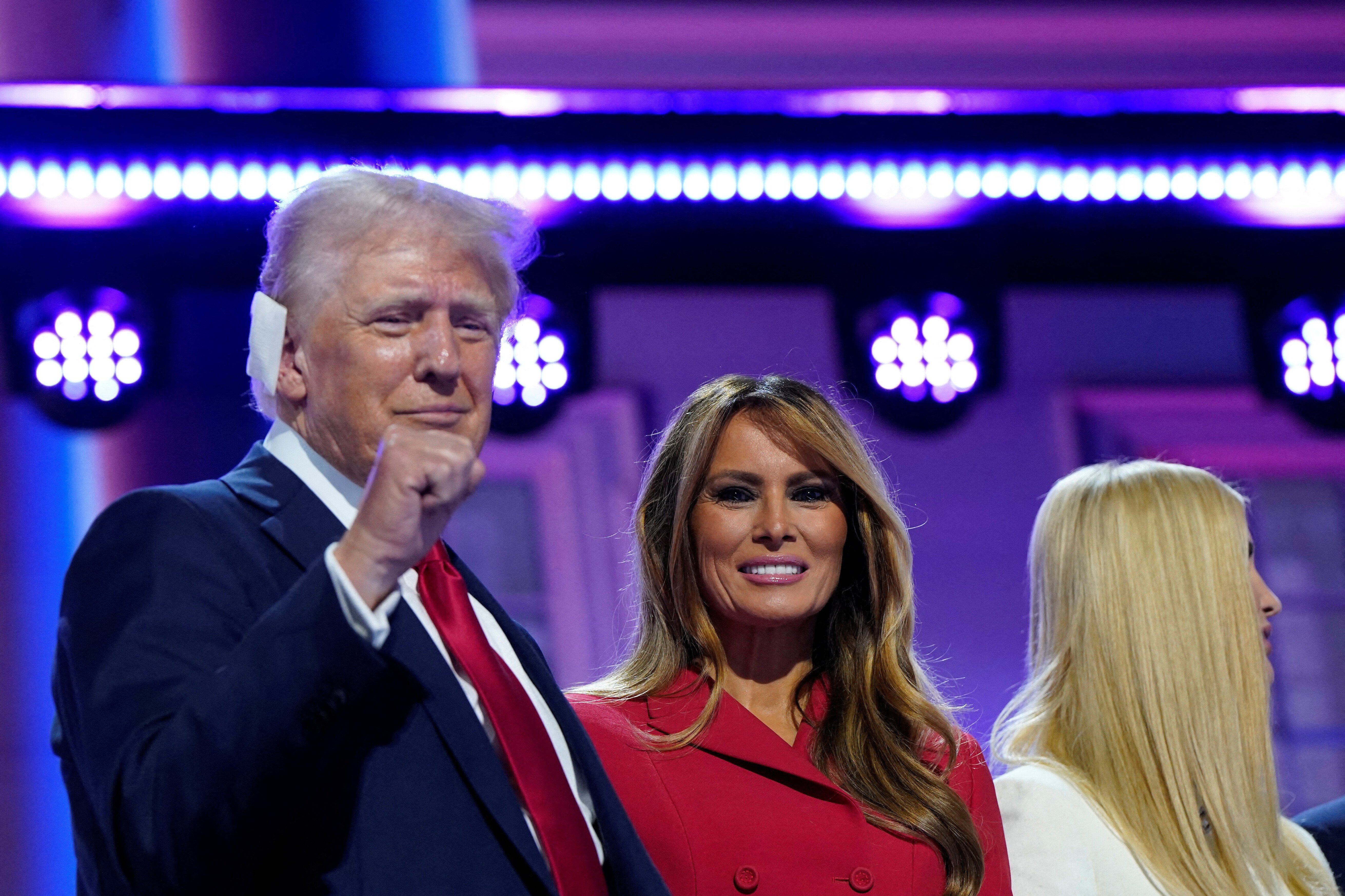 Republican presidential nominee and former U.S. President Donald Trump is joined on stage by wife Melania and other relatives after he finished giving his acceptance speech on Day 4 of the Republican National Convention (RNC), at the Fiserv Forum in Milwaukee, Wisconsin, U.S., July 18, 2024.