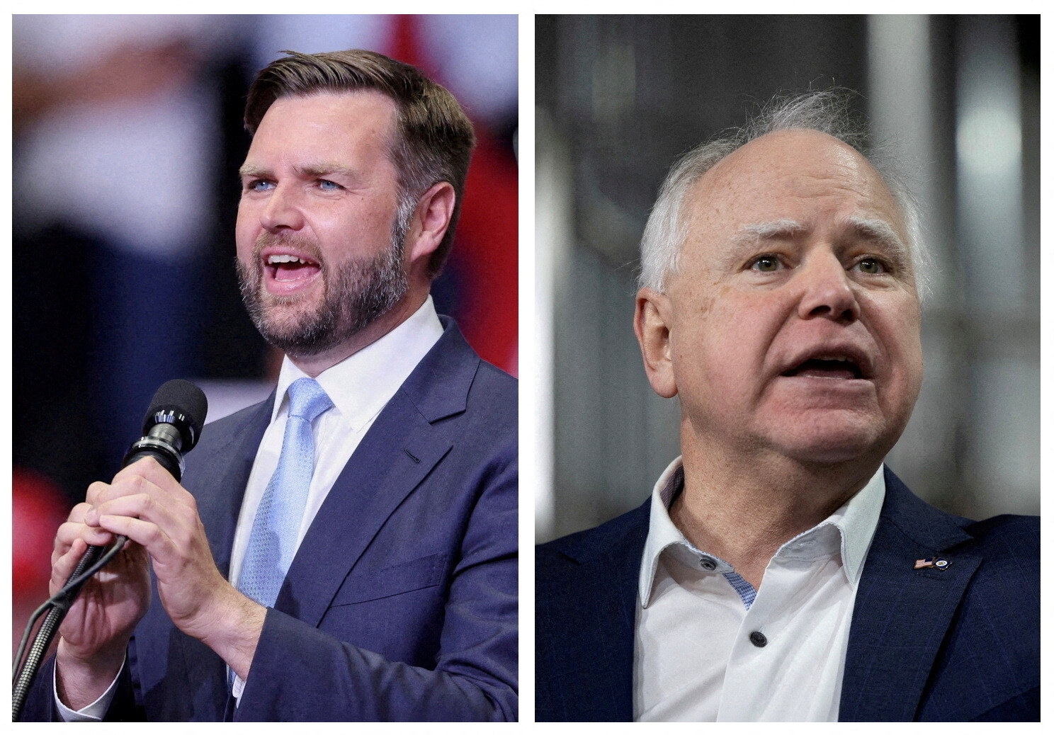 A combination picture shows Republican vice presidential nominee U.S. Senator J.D. Vance (R-OH) speaking during his first rally as Republican presidential nominee and former U.S. President Donald Trump's running mate, in Grand Rapids, Michigan, U.S. July 20, 2024, and Minnesota Governor Tim Walz speaking inside the Earth Rider Brewery in Superior, Wisconsin, U.S., January 25, 2024. REUTERS/Tom Brenner