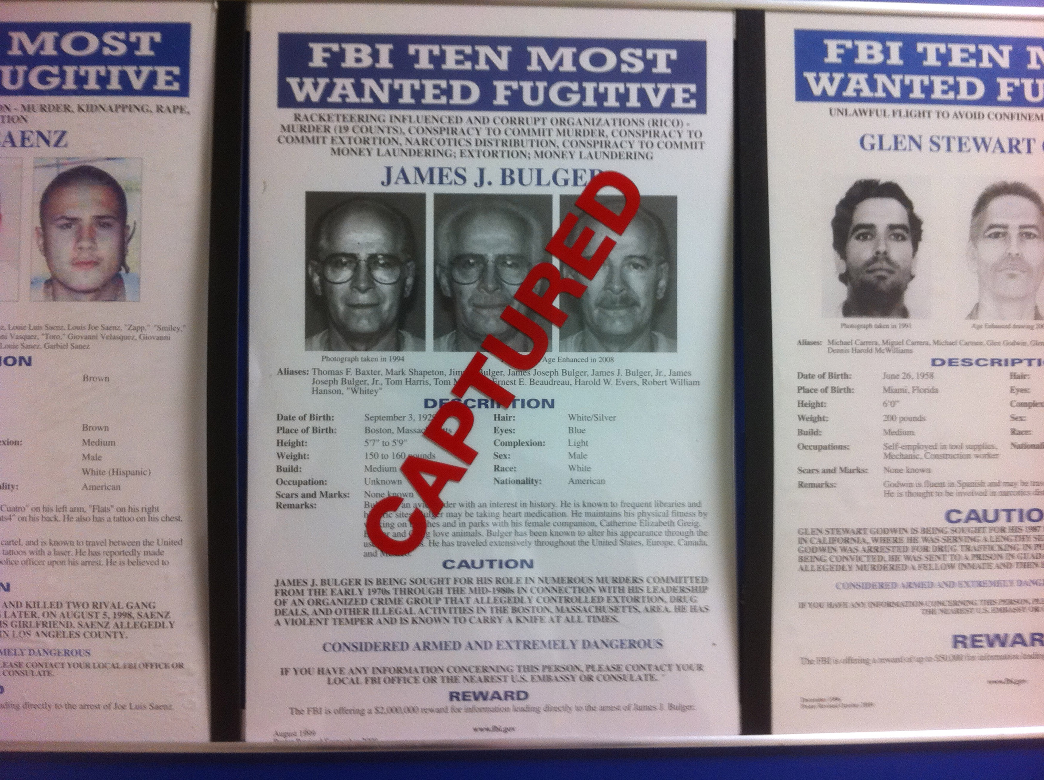 A most wanted poster for FBI Most Wanted fugitive and accused Boston crime boss James 