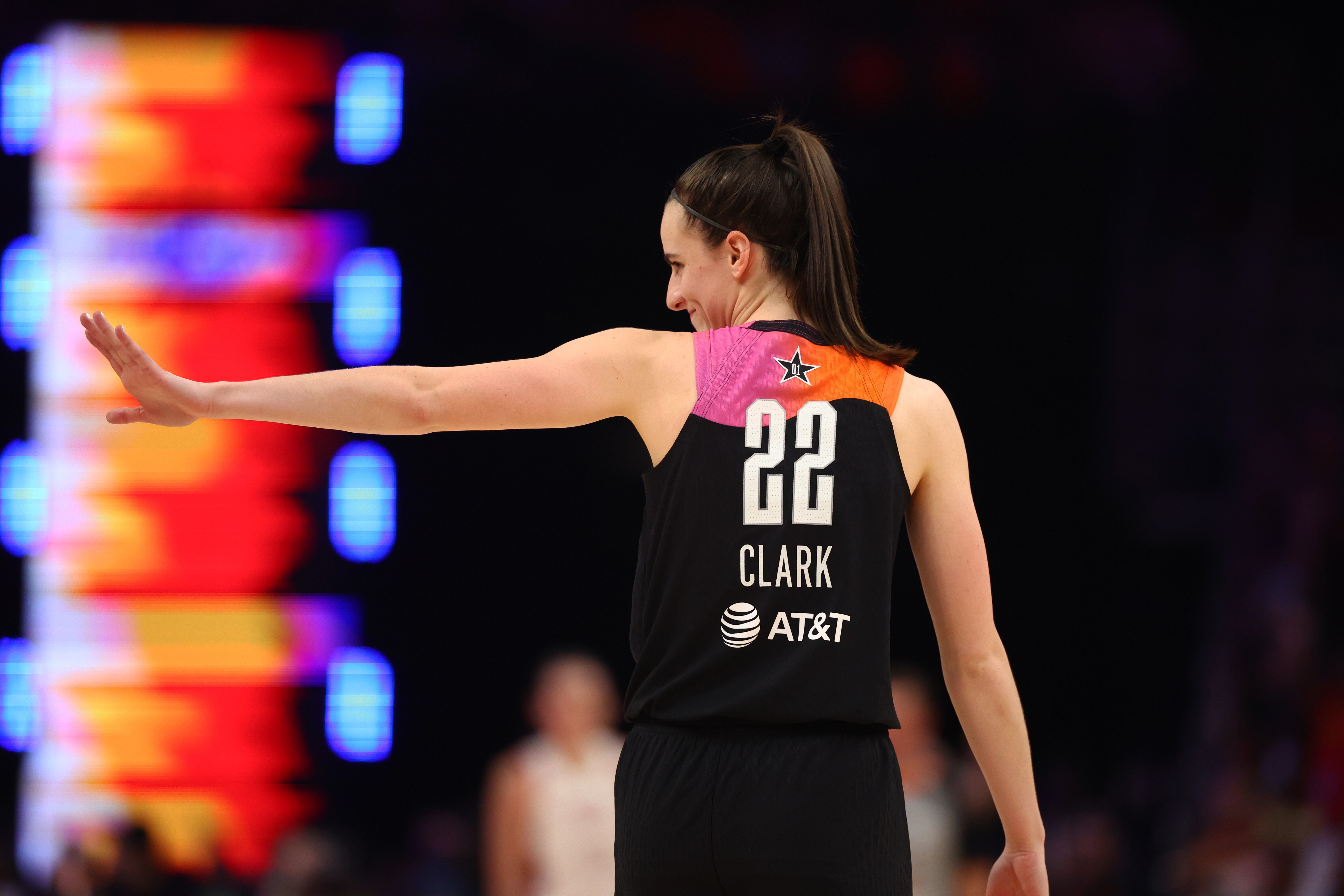 Jul 20, 2024; Phoenix, AZ, USA; Detailed view of the jersey of Team WNBA guard Caitlin Clark (22) against the USA Women's National Team during the 2024 WNBA All Star Game at Footprint Center. credit: Mark J. Rebilas-USA TODAY Sports